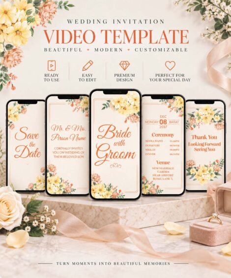 Golden bright animation of wedding invitation